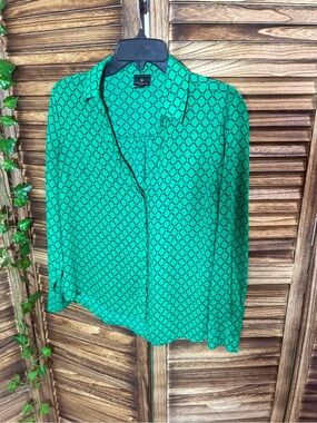 Worthington Green Geometric Chain-Link Blouse